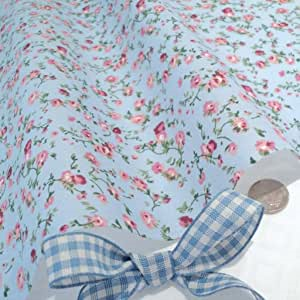 Molly blue poly cotton fabric with delicate pink flowers vintage floral per meter